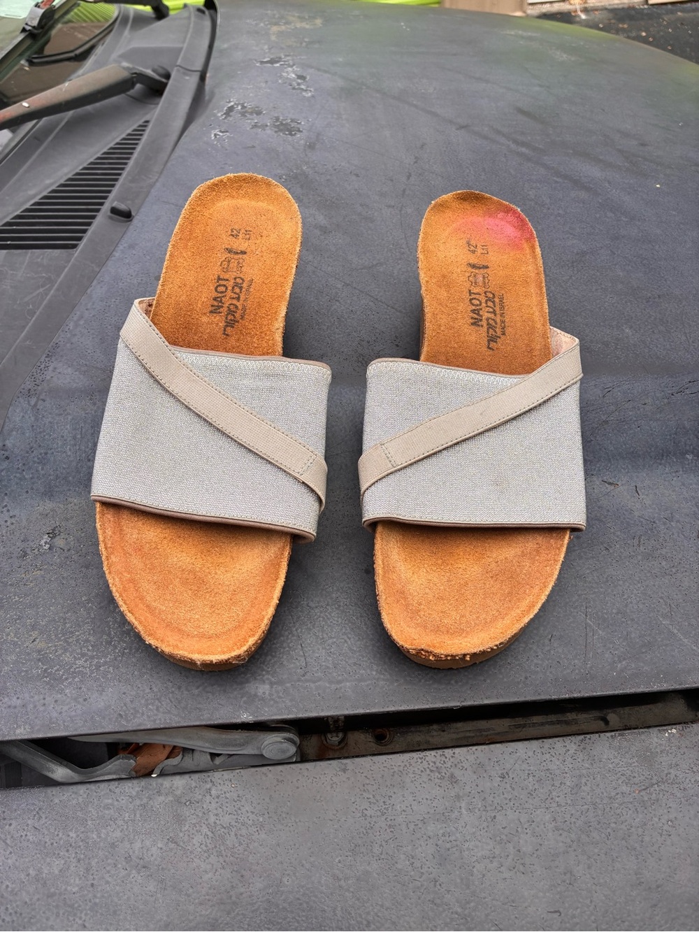 Naot Beige Gray Crossover Slide Sandals